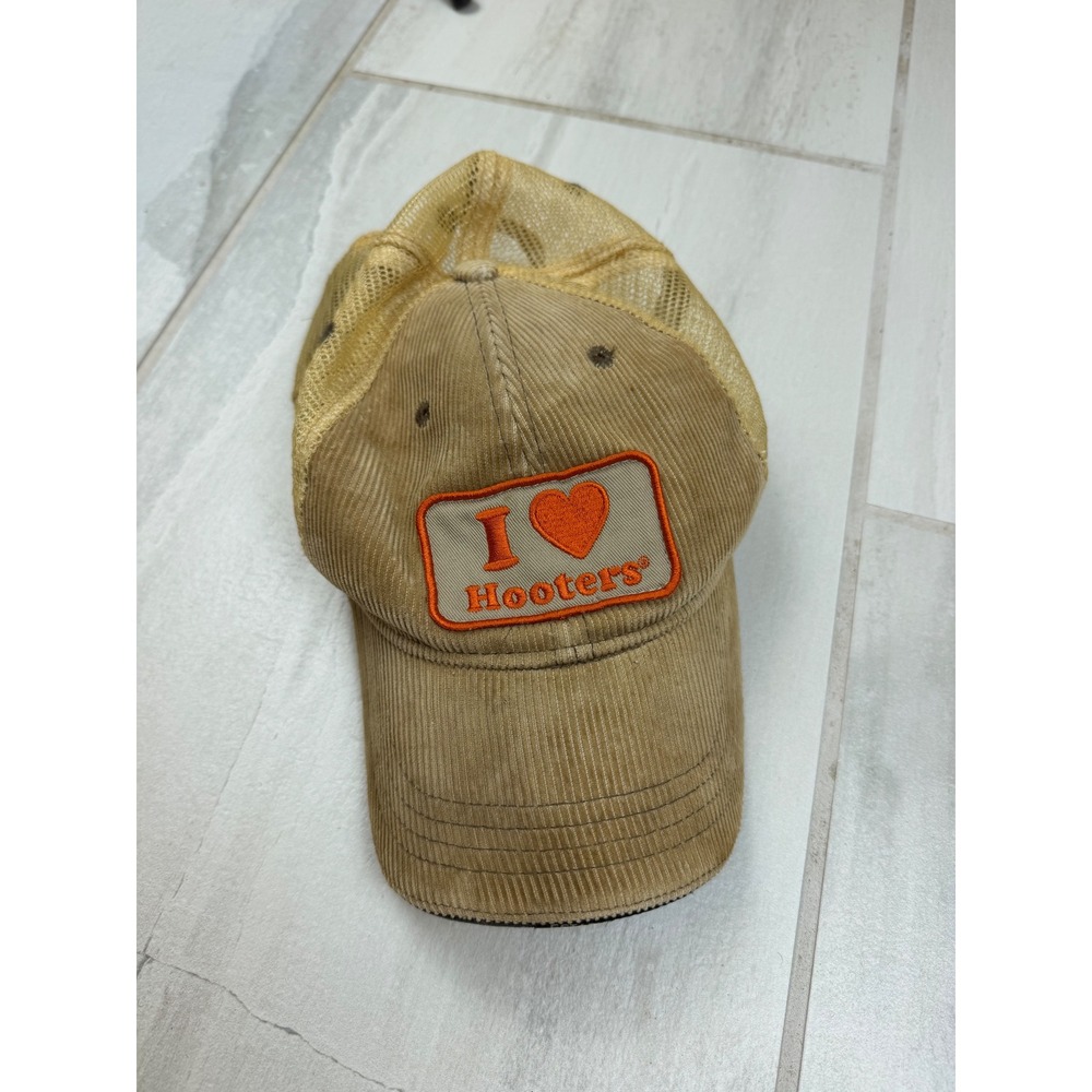 Hooters I Heart Hooters Corduroy Trucker Hat Tan Yellow Mesh Adjustable Cap